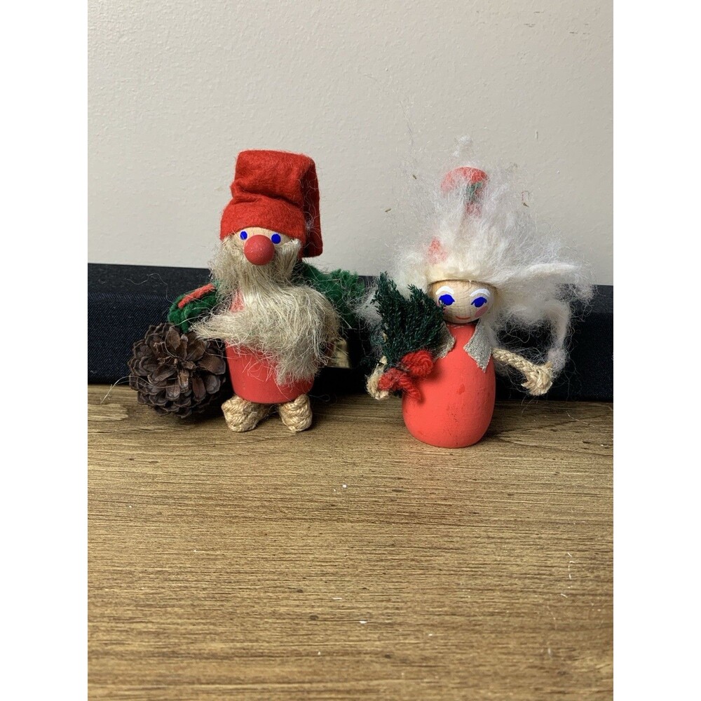 2 Vintage Gnome Elf Wood Denmark Holline Scandinavian Man Lady Pinecone READ